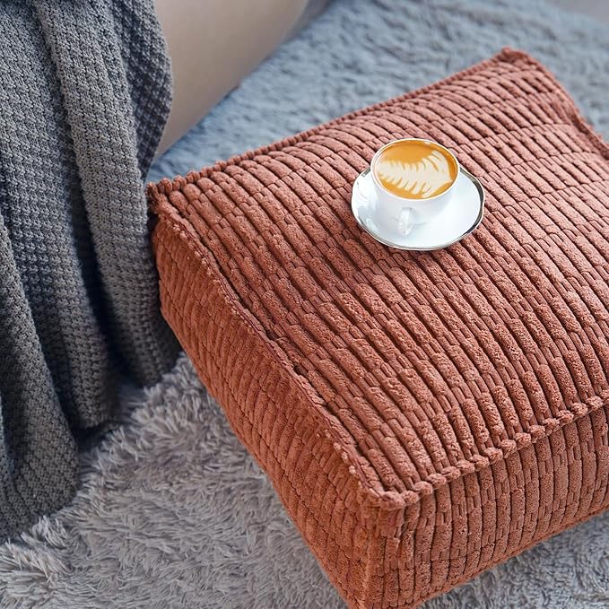 Unstuffed Pouf Ottoman Cover Soft Storage Extra Seat Farmhouse Comfortable Bohemian Poufs Accent Footrest 20x20x8 Inches for Living Room Bedroom Study Nook (Caramel B, Square)