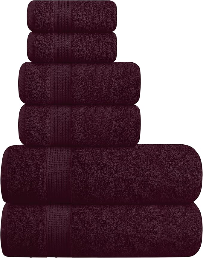 Belizzi Home Ultra Soft 6 Pack Cotton Towel Set, Contains 2 Bath Towels 28x55 inch, 2 Hand Towels 16x24 inch & 2 Wash Coths 12x12 inch, Ideal for Everyday use, Compact & Lightweight - Burgundy Red