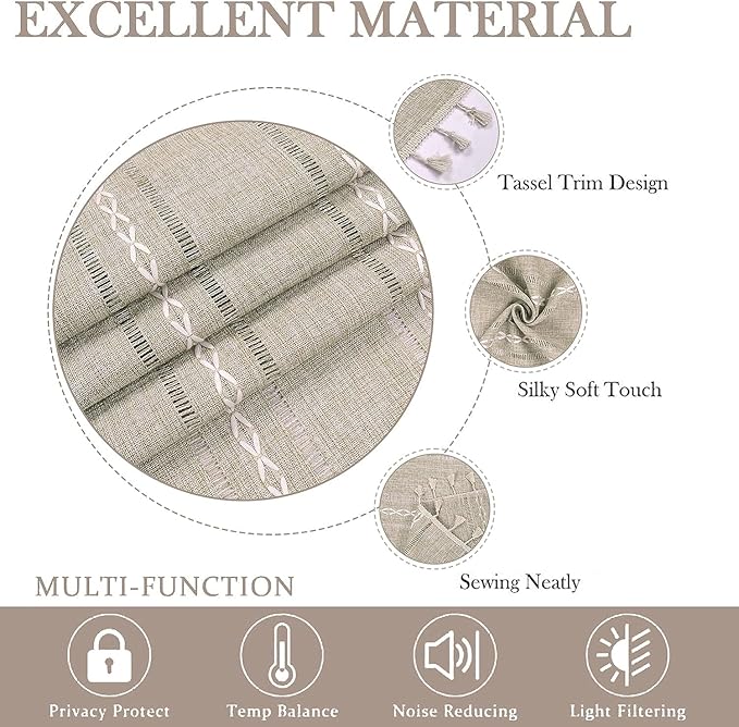 ColorBird Boho Curtains 96 inches Long, Striped Tan Embroidered Light Filtering Curtain for Living Room Bedroom Nursery Office