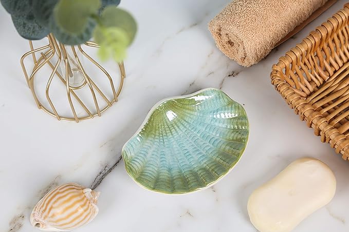 Ceramic Ocean Seashell Soap Dish, for Bathroom,Tub and Kitchen Sink -Green