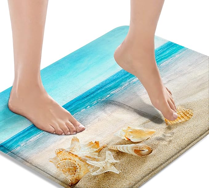 Britimes Bath Mat for Bathroom, Blue Beach Starfish Sea Washable Cover Floor Rug Carpets Floor Mat Bathroom Decorations 16x24 Inches for Kitchen Bedroom Indoor