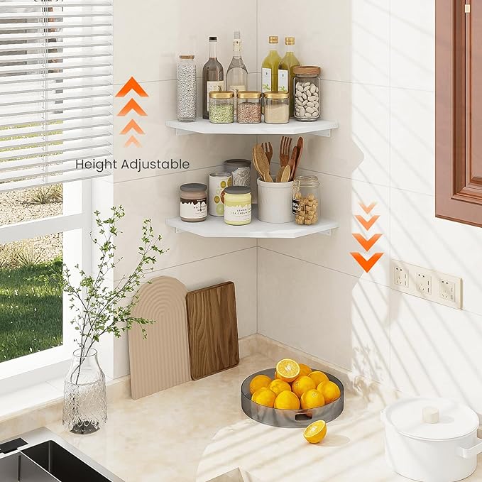 Homode Corner Shelf Wall Mount, Set of 2 Corner Floating Shelves with Cord Hole for Speaker, Cable Box, 2 Tier Wood Hanging Storage Shelf for Bathroom Living Room Bedroom, White