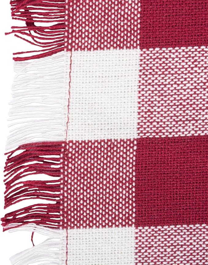 DII Heavyweight Fringed Check Tabletop Collection, Table Runner, 14x72, Wine