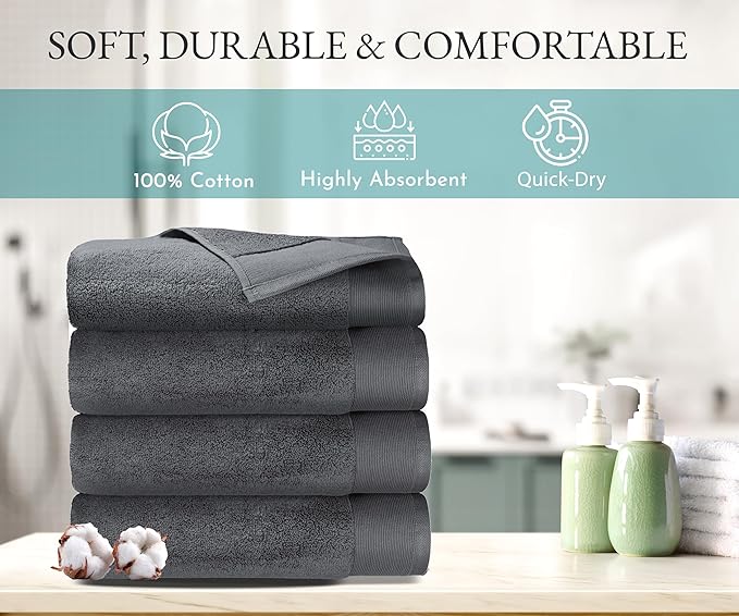 California Design Den Soft & Fluffy 100% Cotton Bath Towels Set of 4, Quick-Dry and Highly Absorbent Bathroom Towels, Perfect for Everyday Use - Grey