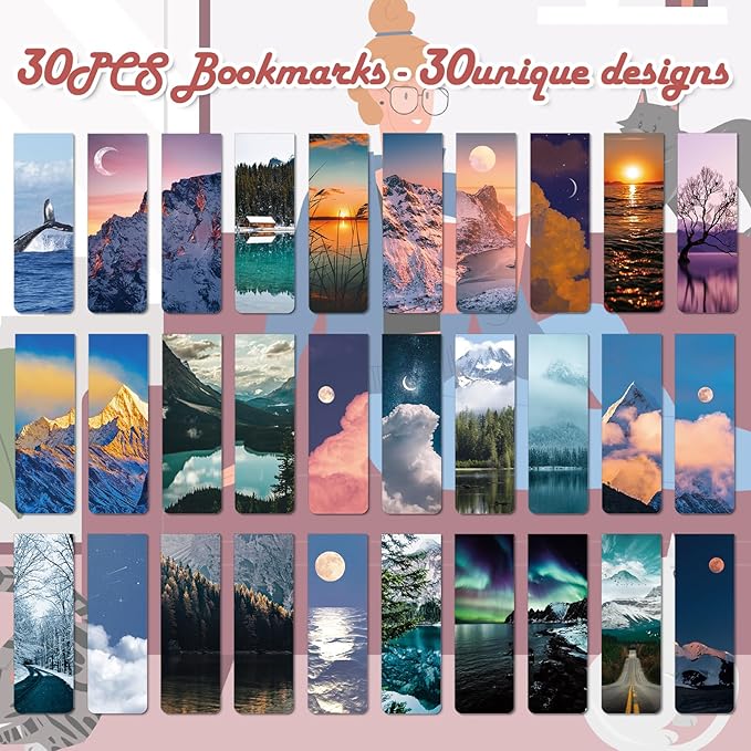 Natural Scenery Magnetic Bookmark - 30Pcs Aesthetic Travel Magnetic Bookmarks New Adventure Book Mark Magnets Mountain Moon Page Marker Clip for Book Lovers Students Teacher School Reading Gift