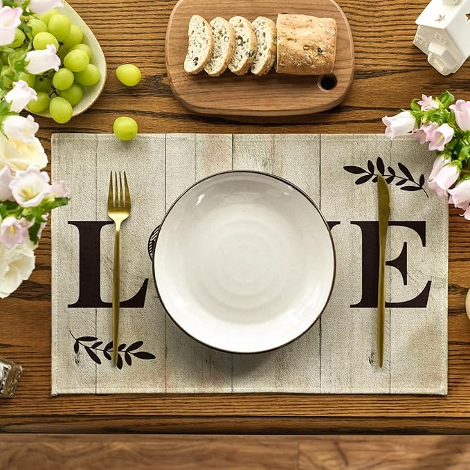 Artoid Mode Love Family Home Together Buffalo Plaid Placemats Set of 4, 12x18 Inch Farmhouse Table Mats Party Kitchen Dining Decoration
