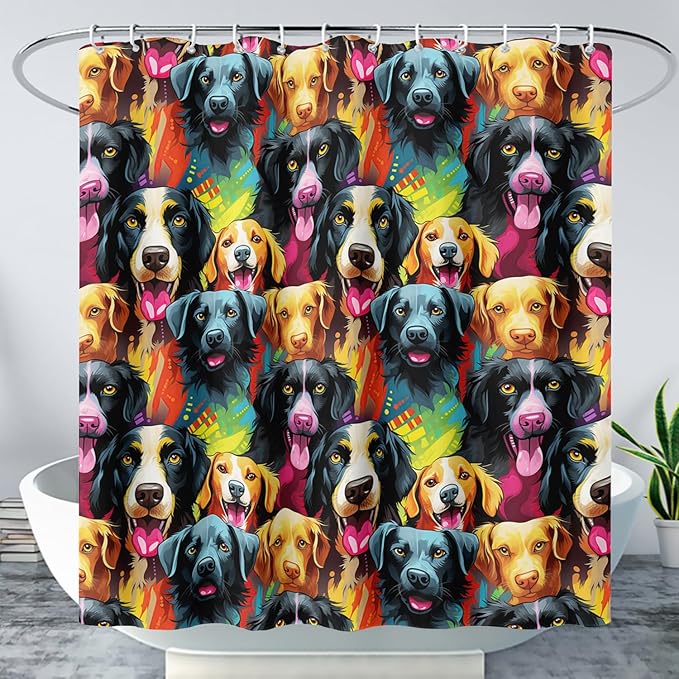 AILONEN Cartoon Dog Shower Curtain Set, Lovely Colourful Puppy Shower Curtain for Bathroom,Rainbow Gradient Puppy Waterproof Fabric Bath Curtain with Hooks,72" Wx72 H