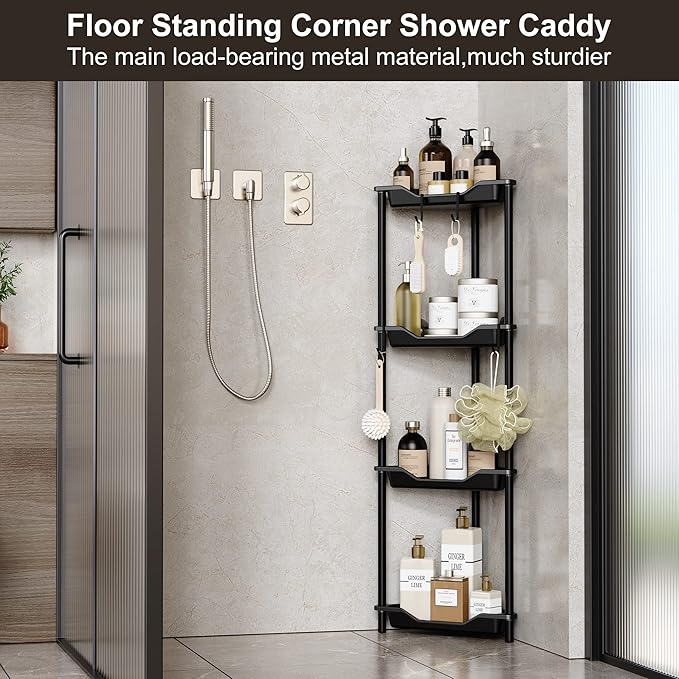 Orimade Rustproof 4 Tier Floor Standing Corner Shower Caddy Organizer, Plastic Metal Splicing Floor Corner Shelf Rack Storage Stands for Bathroom,10.8 x 10.8 x 44.6 inches, Black