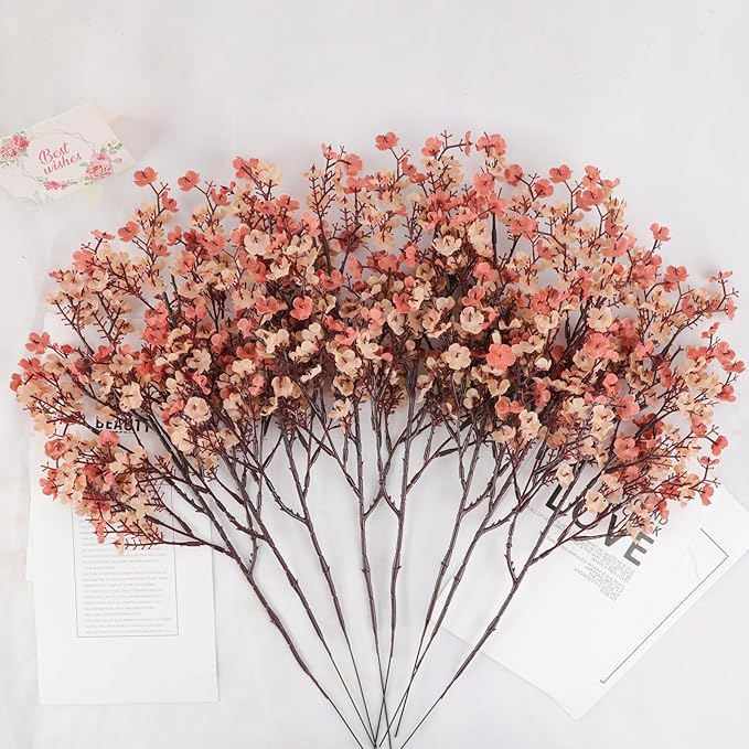 8Pcs Babys Breath Fake Artificial Flowers, Real Touch Light Coffee Color Plants Silk Flowers for Vase Home Office Wedding Spring Winter Indoor Outdoor Centerpiece Table Party Decorations