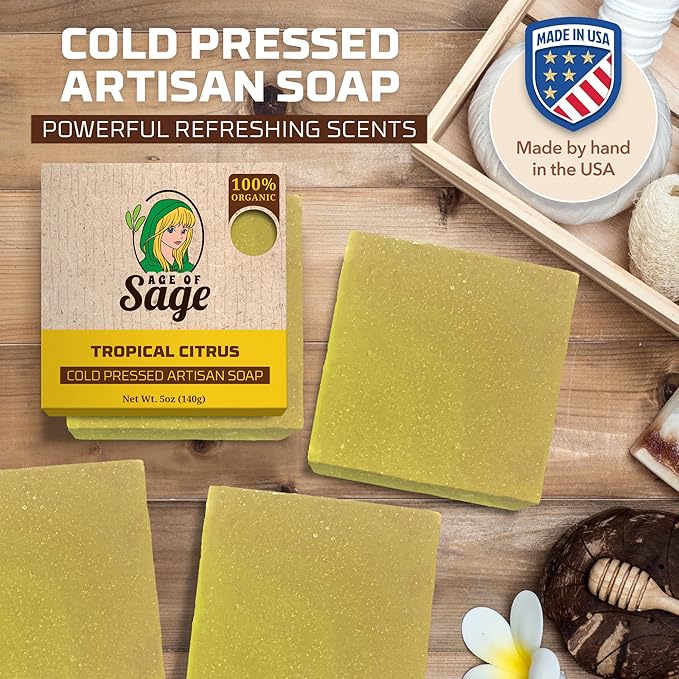 Natural Bar Soap for Women - Vegan Bath Soap Bars Gift Set - Handmade Cold Process Artisan Soap with Essential Oil, All Moisturizing Wash Soaps, Fragrant Tropical Citrus Scent by Age of Sage (4 Pack)