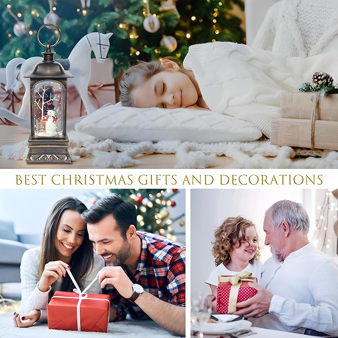 Christmas Snow Globes, 11.2" Snowman Glitter Water Lantern with 8 Songs, 6H Timer Battery & USB Powered Music Box for Christmas Decorations Indoor