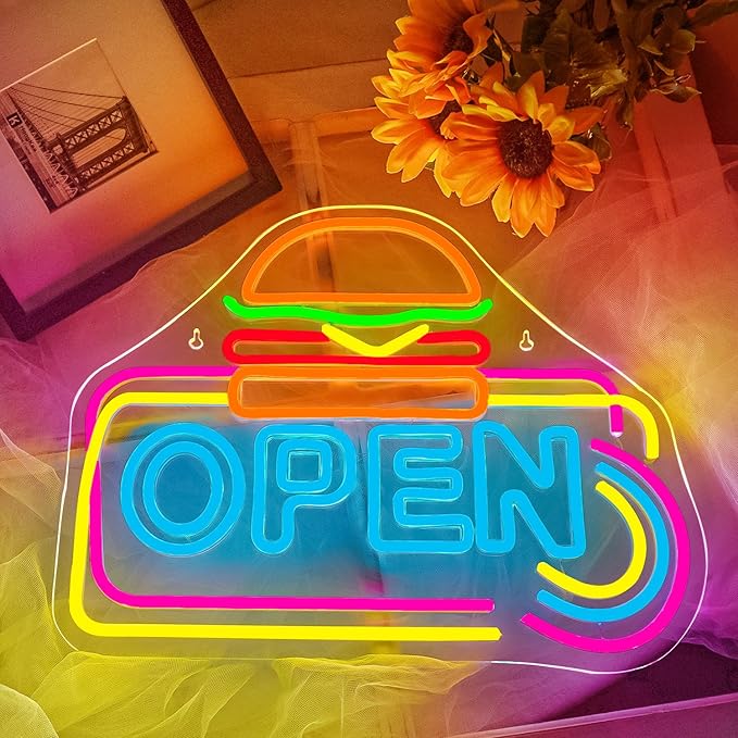 Lucunstar Hamburger Shop Open Neon Sign,Neon Sign for Wall Decor,USB Adjustable Brightness for Neon Lights for Hamburger Shop Led Business Sign Suitable for Fast Food shops Party Led Art Wall Hanging