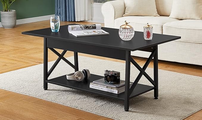 GreenForest Coffee Table with Storage, 43 inch Large Modern Coffee Tables for Living Room, X-Frame Design Farmhouse Coffee Table Space Saving Living Room Tables, Easy Assembly, Black
