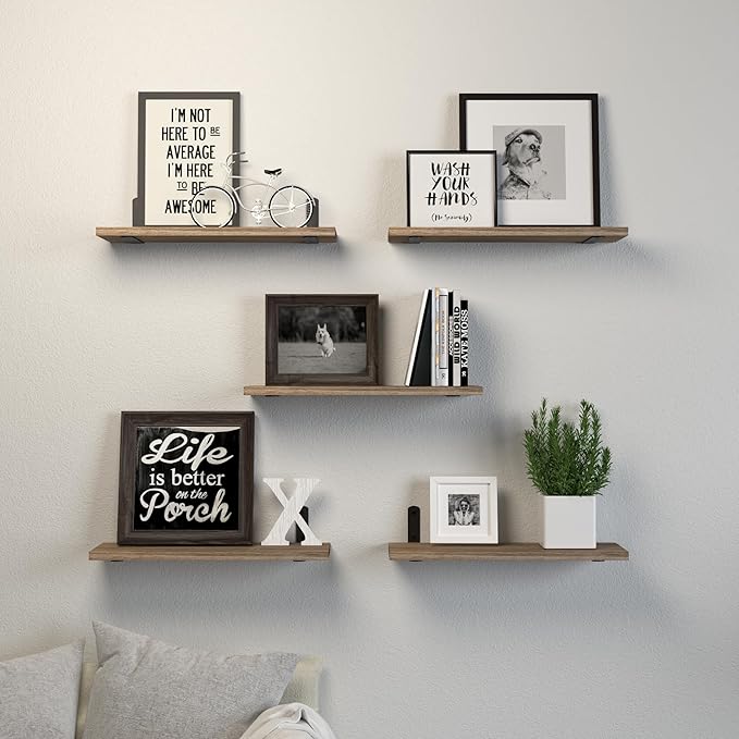 Floating Shelves, 5 Sets Wall Shelves, Wood Floating Shelves for Bedroom Wall Décor, Wall Mounted Floating Bathroom Shelf for Storage, Floating Book Shelf, Living Room – Rustic Brown