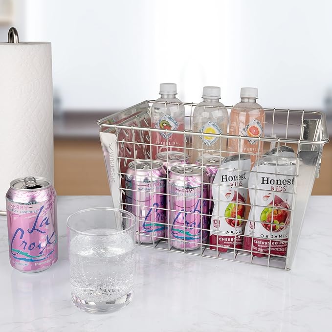 Tovolo Macklin, Stamped Steel & Wire Basket for Closet & Cubby Storage Vintage-Inspired Design with Customizable Label Plate, Medium, Zinc