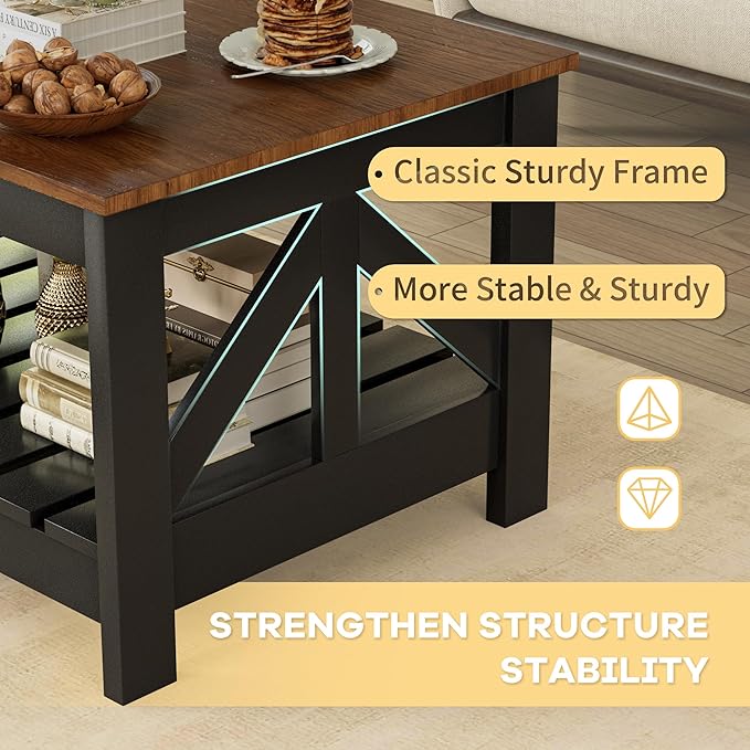 JUMMICO 39” Farmhouse Coffee Table for Living Room, 2-Tier Modern Living Room Table with Storage Shelf, Rustic Rectangular Center Table Space Saving Home Furniture (Rustic Brown & Black)