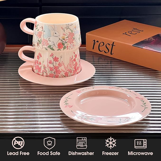 Pink Coffee Mug with Saucer Set, 9oz Pretty Ceramic Mugs with Floral Design, Elegant Flower Cup Perfect for Coffee Tea Cappuccino,Gift for Women, Mom, Friend, Mothers Day Gifts