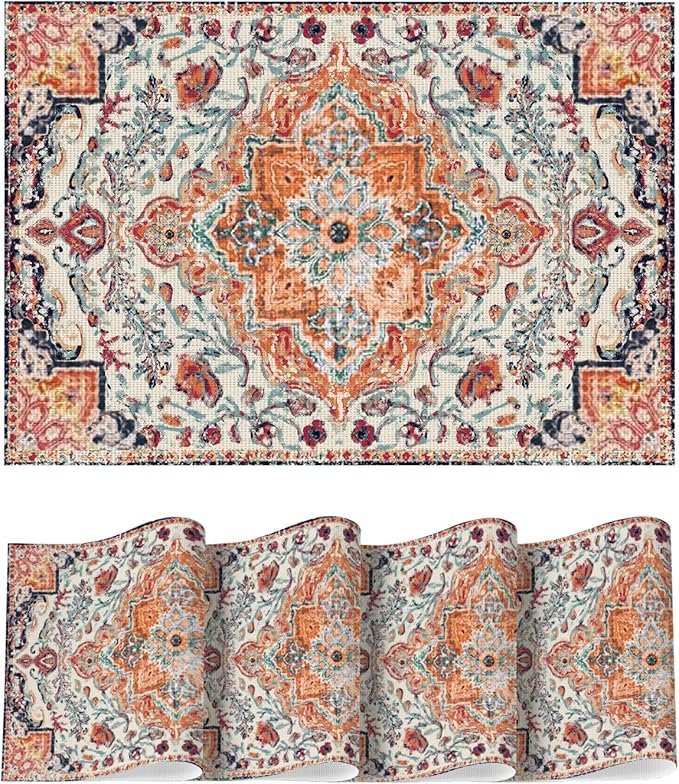 Artoid Mode Boho Vinyl Placemats Set of 4, Washable Non-Slip Woven Plastic PVC Table Mats for Party Kitchen Dining Decor, 12x18 Inch