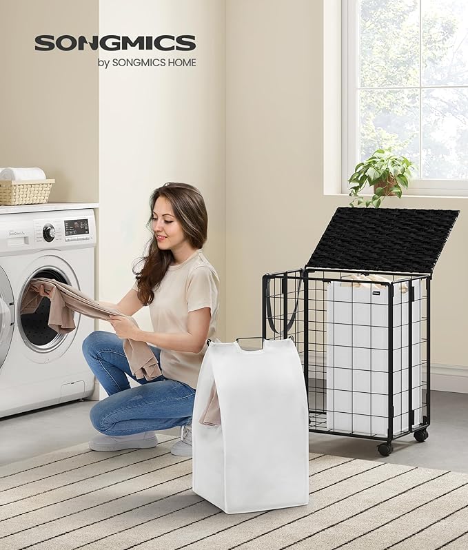 SONGMICS Laundry Hamper, 110L Laundry Basket with Lid, Clothes Hamper with Wheels, Collapsible Removable Liner Bag, Iron-Made Laundry Sorter, Ink Black and Cloud White ULCB211B12
