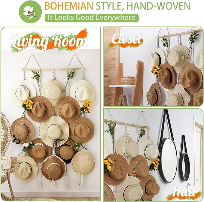 Macrame Hat Rack for Wall 31x53 in Hat Organizer with 15 Clips Hanging Hat Hangers for Wide Brimmed Hat Display Women Hat Storage Boho Hat Hanger Decorative Hat Holder for Fedora Cowboy Hat