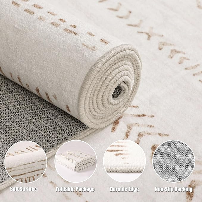 Deerly Kitchen Runner Rug 2'6''x8' Rug Runners for Hallways Soft Non Slip, Washable Rug Runner Boho Moroccan Neutral Long Rug Floor Carpet for Hallway Entryway Laundry Indoor, Light Brown