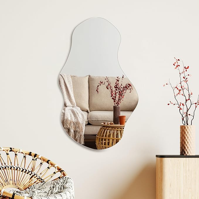 PERFNIQUE Irregular Wall Mirror Asymmetrical Mirror, 28''x17'' Decorative Modern Mirror for Bedroom Bathroom Living Room Entryway, Cloud Frameless Wall Mounted Mirror