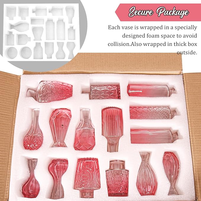36Pcs Bud Vases Set Small Vintage Glass Bottles Pink Bud Vases in Bulk Multiple Shape Cute Glass Vases for Rustic Wedding Centerpieces Table Decorations and Home Decor(Pink)