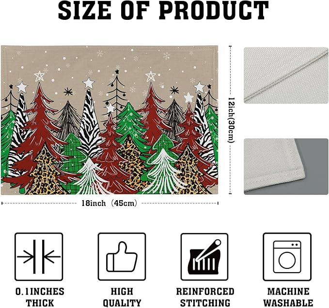 Watercolor Xmas Tree Placemats for Dining Table Set of 4, 12 x 18 Inch Winter Snowflake Heat Resistant Xmas Linen Dining Table Mats for Home Kitchen Tabletop Decoration