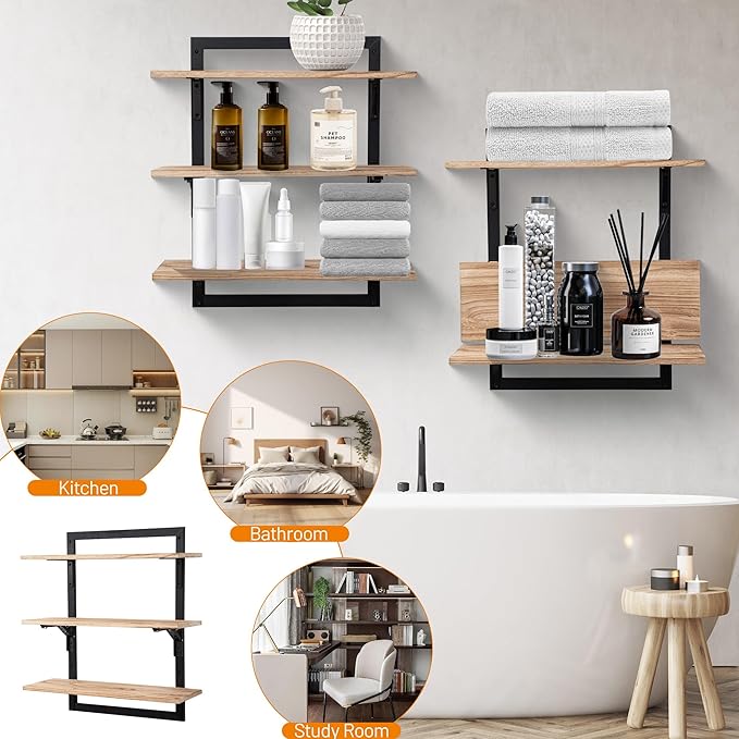 24-Inch Floating Shelves for Wall,3-Tier Wooden Wall Mounted Kitchen Shelves with Foldable Brackets,Hanging Wall Shelves for Living Room, Coffee Bar,Bedroom, Bathroom,Rustic Brown