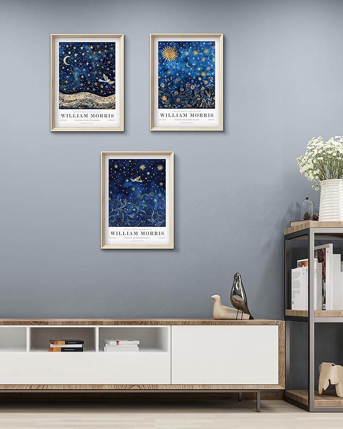 HesenDot Framed William Morris Moon and Stars Canvas Wall Art,Vintage Wall Art Prints Painting,16x12IN High Framed Design Prints,Textile Art Decor for Living Room,Bedroom,Gallery,Office Set of 3