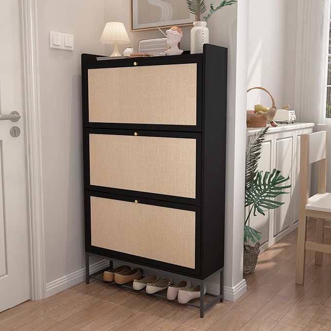 AVZEAR Shoe Cabinet, Shoe Cabinet Freestanding Tipping Bucket Shoe Rack Organizer with 3 Flip Drawers, Modern Entryway Narrow Shoe Rack for Entryway, Hallway, Bedroom (Black)