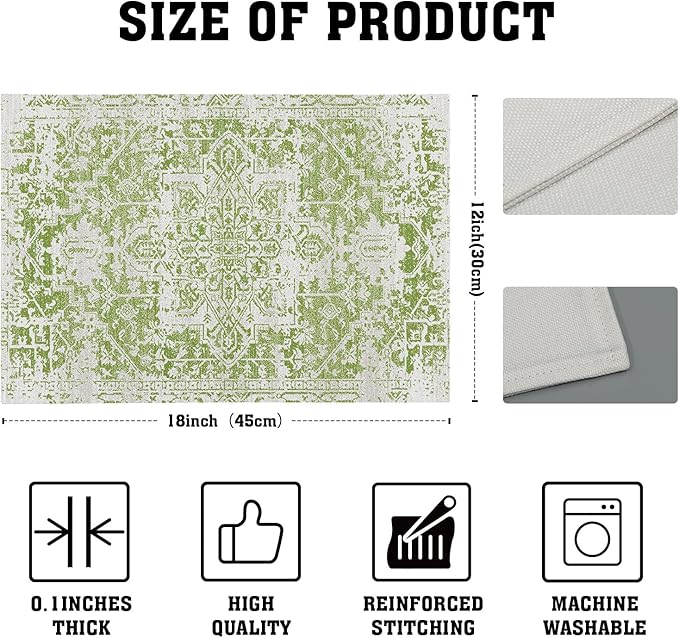 Gray Lime Green Boho Placemats Set of 6 Ethnic Bohemian Carpet Place Mats Washable Kitchen Dining Vintage Grey Geography Floral Linen Table Mats Stain Heat-Resistant for Home Party Indoor 12x18 in