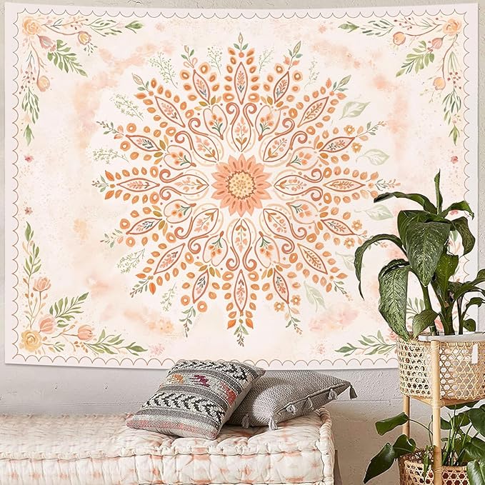 Lunerfex Floral Mandala Tapestry Boho Tapestry for Bedroom Peach Tapestries Wall Hanging Living Room Wall Art and Home Decor 44x60