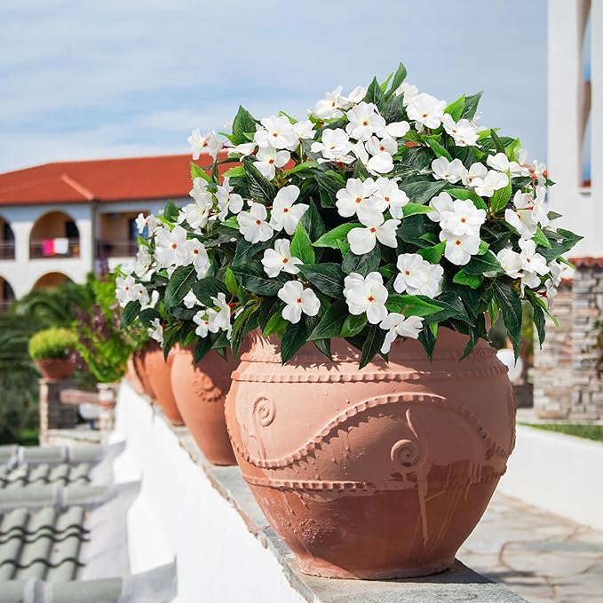 Uqueeten15.7” Spring Decorations For Home Fake Plants Fake Flowers White Flowers Artificial Impatiens Bouquet Flowers For Outdoors Silk Faux Flowers Impatiens Plants Decor Indoor Planters (White) 8pcs