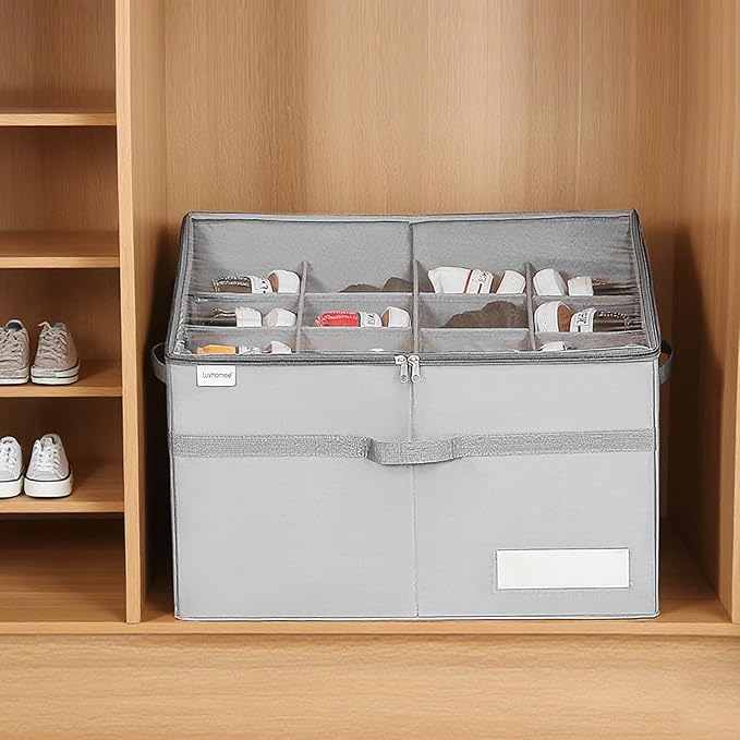 Shoe Organizer for Closet, Fits 16 Pairs, Large Shoe Box Storage Containers, Clear Foldable Shoe Storage Bins w/Bottom Support, Space Saving Shoes Holder w/Reinforced Handles, Gray