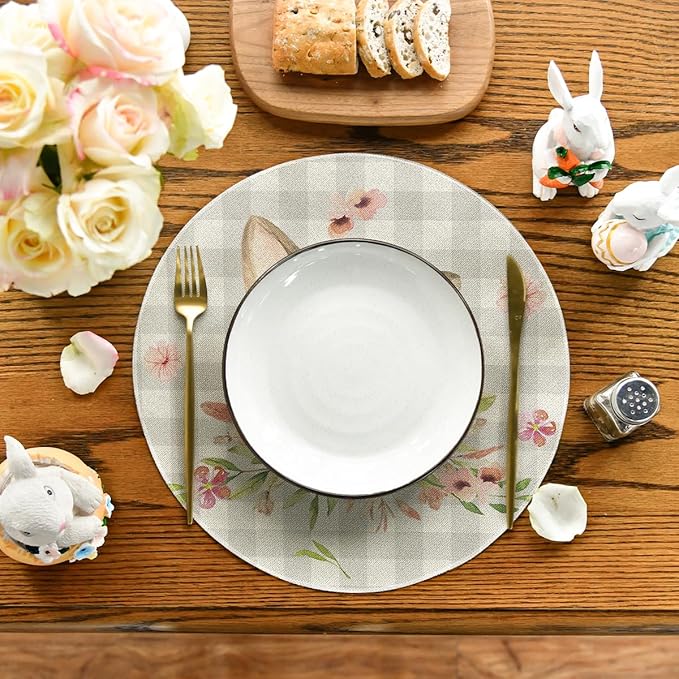 Artoid Mode Bunny Rabbit Ears Buffalo Plaid Flower Easter Round Placemats Set of 4, 15 Inch Spring Table Mats for Party Kitchen Dining Decoration