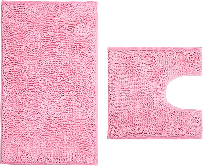 Pink Bathroom Rugs 2 Pieces Chenille Bath Rug Mat, Extra Thick and Soft Absorbent Bath Rugs, Machine Washable, Non-Slip Plush Bath Mats for Tub, Shower, and, (Pink, 32"x20"+U Shape 20"x20")