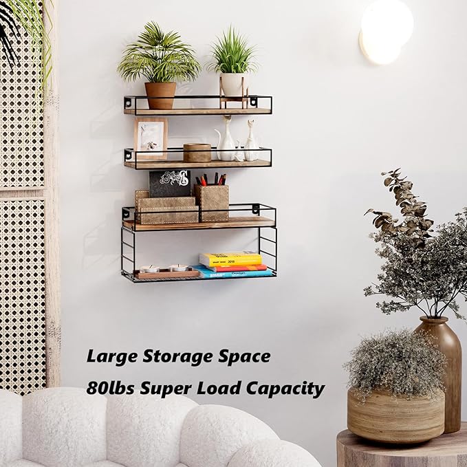 Wall Mounted Bathroom Shelves Over Toilet, Farmhouse Wall Floating Shelf with Guardrail, Bathroom Decor for Bedroom Living Room Kitchen, Dark Brown (16.2 Inch Set of 3)