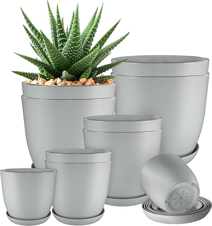 Utopia Home - Plant Pots Indoor with Drainage - 7/6.6/6/5.3/4.8 Inches Home Decor Flower Pots - Pack of 10 Plastic Planters for Indoor Plants, Cactus, Succulents Pot - Grey