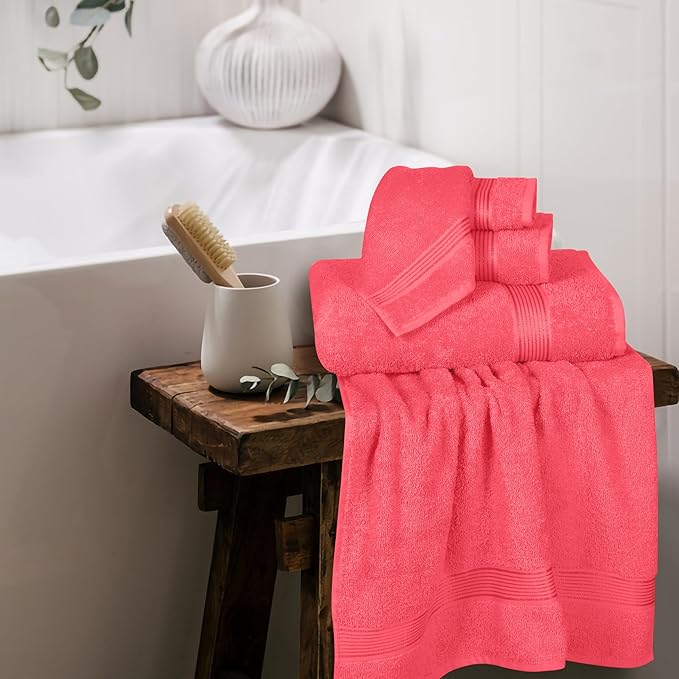 Belizzi Home Ultra Soft 6 Pack Cotton Towel Set, Contains 2 Bath Towels 28x55 inch, 2 Hand Towels 16x24 inch & 2 Wash Coths 12x12 inch, Ideal for Everyday use, Compact & Lightweight - Coral Orange