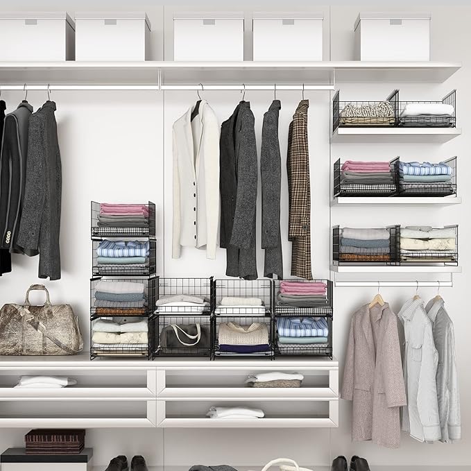 4-tier Sliding Closet Organizers and Drawer Storage Shelves, Stackable Bins for Jean Pants Sweaters, Metal Drawer Slid Clothes Storage Container, Closet Organizers for Clothes-Black