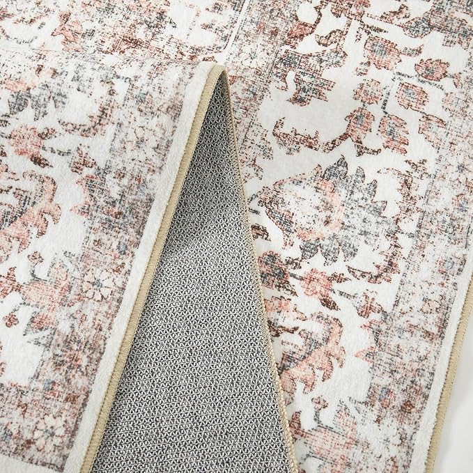 Red Area Rug 8x10 Machine Washable Large Vintage Living Room Distressed Non Slip Carpet Traditional Indoor Bedroom Retro Floral Accent Throw Rug for Office Kitchen Dining Room