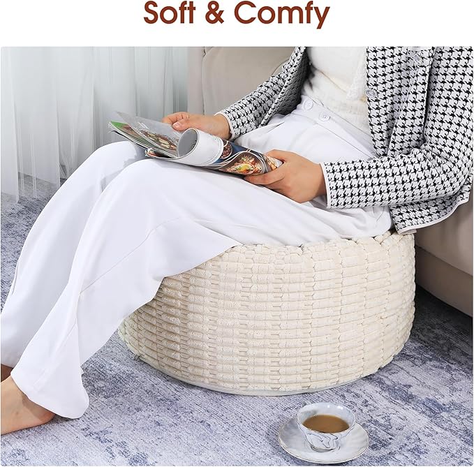 HOMBYS Unstuffed Ottoman Pouf Cover,Round Faux Fur Foot Stool, Fuzzy Chair, Floor Bean Bag(No Filler),Foot Rest with Storage for Living Room, Bedroom, Office, Striped Tufted (Beige)