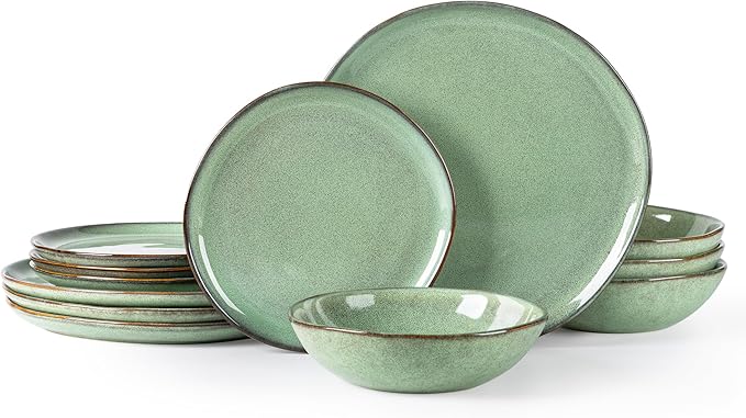AmorArc Ceramic Dinnerware Sets,Handmade Reactive Glaze Stoneware Plates and Bowls Set,Highly Chip and Crack Resistant | Dishwasher & Microwave Safe Dishes Set,Service for 4 (12pc)