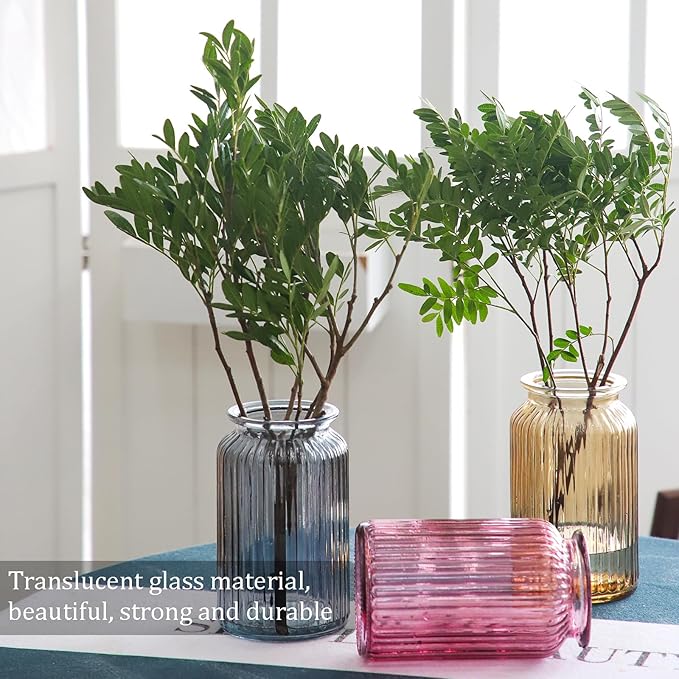 OFFIDIX Glass Vase,7.3 * 4.3in Vertical Line Geometric Faceted Design Flower Vase