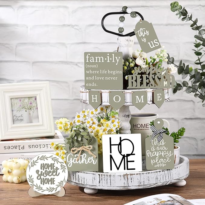 Set of 11 Summer Farmhouse Tiered Tray Decor Rustic Home Tiered Tray Decorations Set Home Wooden Signs This is Us Farmhouse Tabletop Wood Signs for Kitchen Table Decor