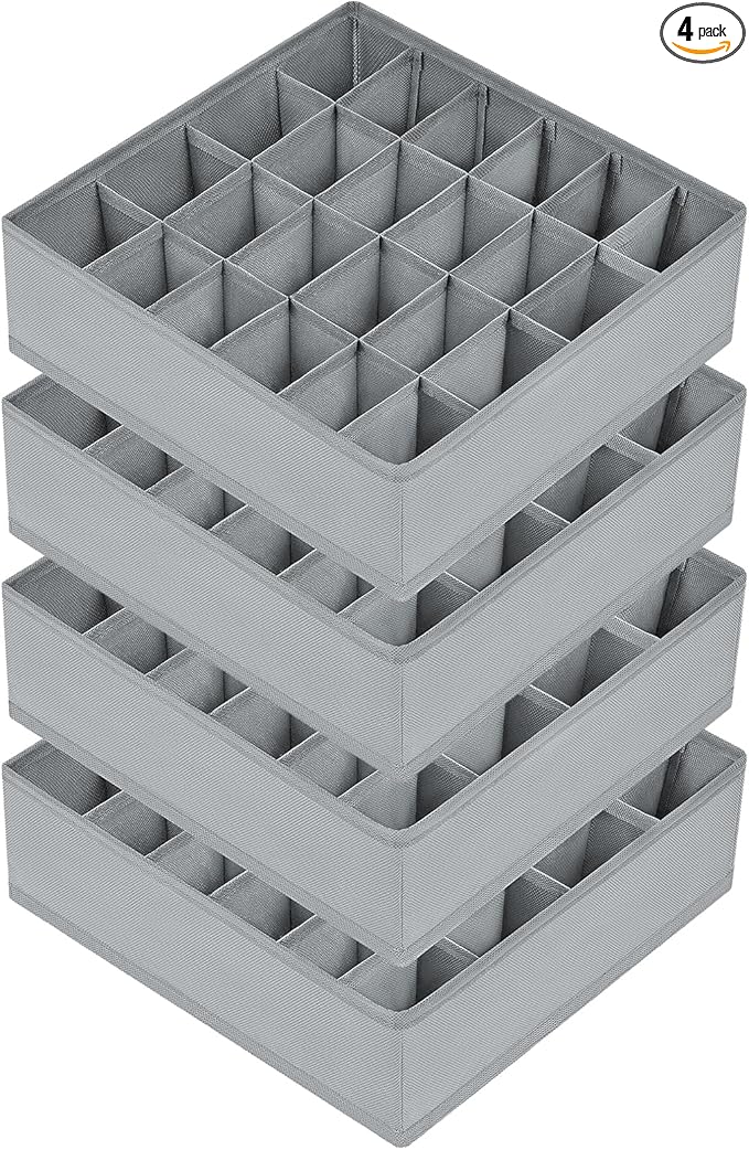 Joyoldelf Sock Drawer Organizer Divider Underwear Organizer 24-cell Fabric Dresser Drawer Organizers Storage Boxes for Socks Lingerie, Handkerchiefs, Ties 4 Pack (Grey)