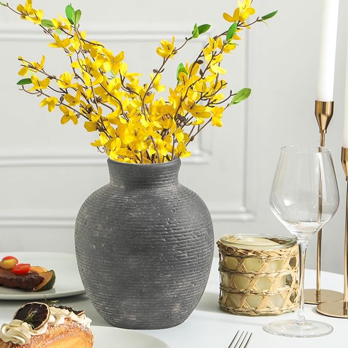 Ceramic Flower Vase Home Decor - Farmhouse Table Vases Rustic Vintage Living Room Kitchen Bedroom Decorations for House Book Shelf Office Coffee Desk Dining Fireplace (7.4" Black)
