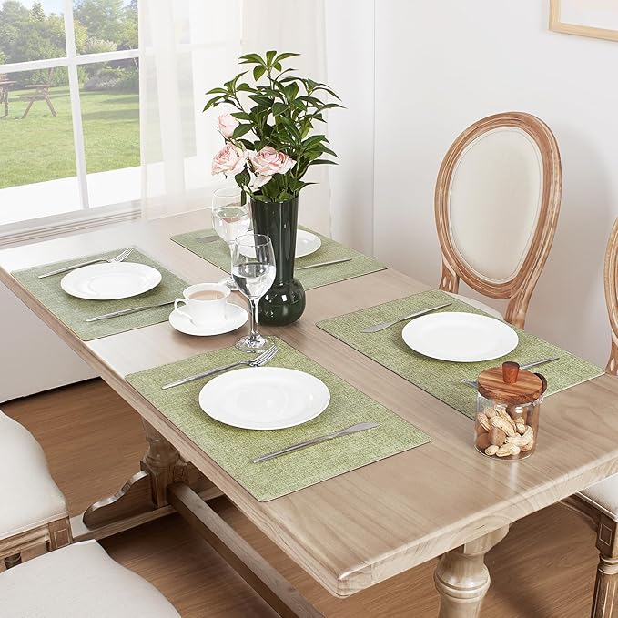 Softalker Faux Leather Placemats Set of 4-Vinyl Heat Resistant Place Mats, 100% Waterproof Oilproof Wipe Clean Table Mats for Indoor & Outdoor Use, 17’’×12’’, Grass Green