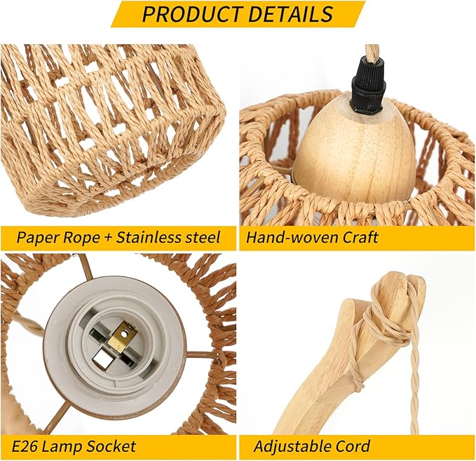 Frideko Plug in Wall Sconces Set of Two Hand Woven Lamp with Cord Rattan Lights Farmhouse Sconce Mounted Light Boho Lighting for Bedroom Living Room